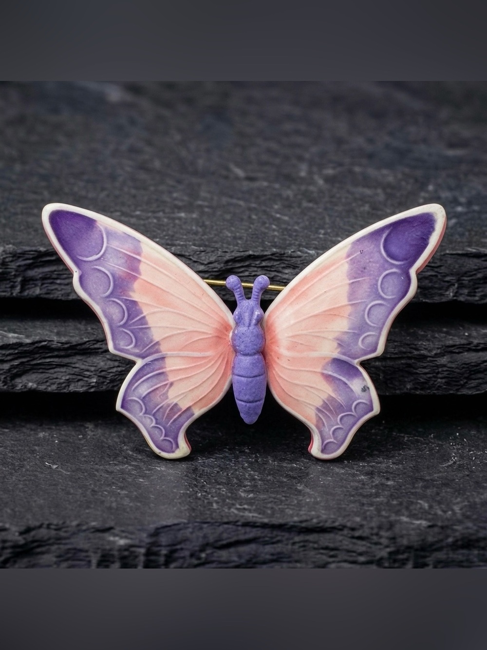 Vintage 60s West Germany Purple Pink Enamel 3D Double Layer Butterfly Brooch